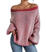 Women's Oversized Striped Sweater Casual Off The Shoulder Sweater Fall Long Sleeve Loose Knit Pul...