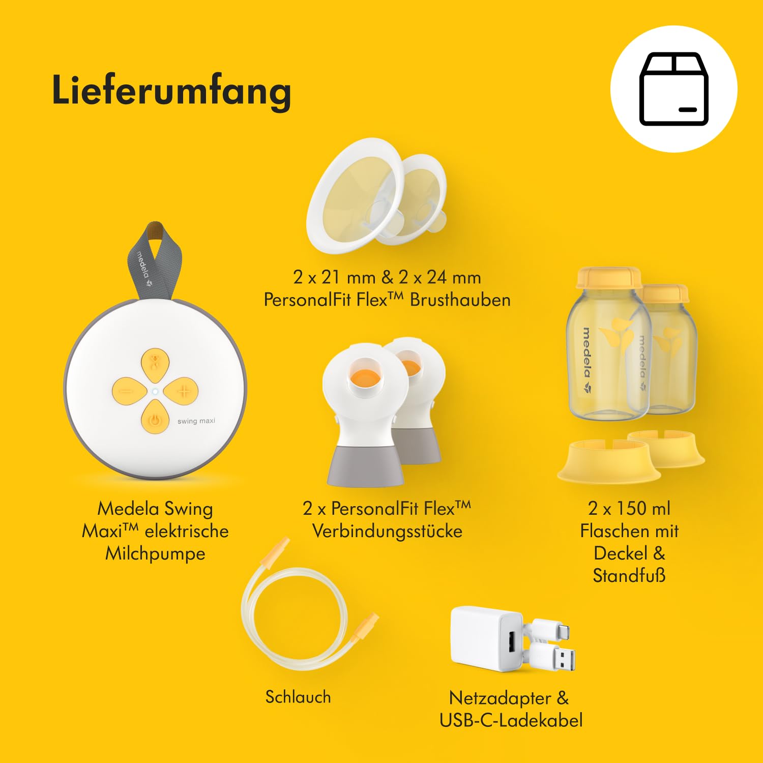 Medela Swing Maxi Elektrische Doppelmilchpumpe mit PersonalFit Flex Brusthauben und 2-Phase-Expression-Technologie