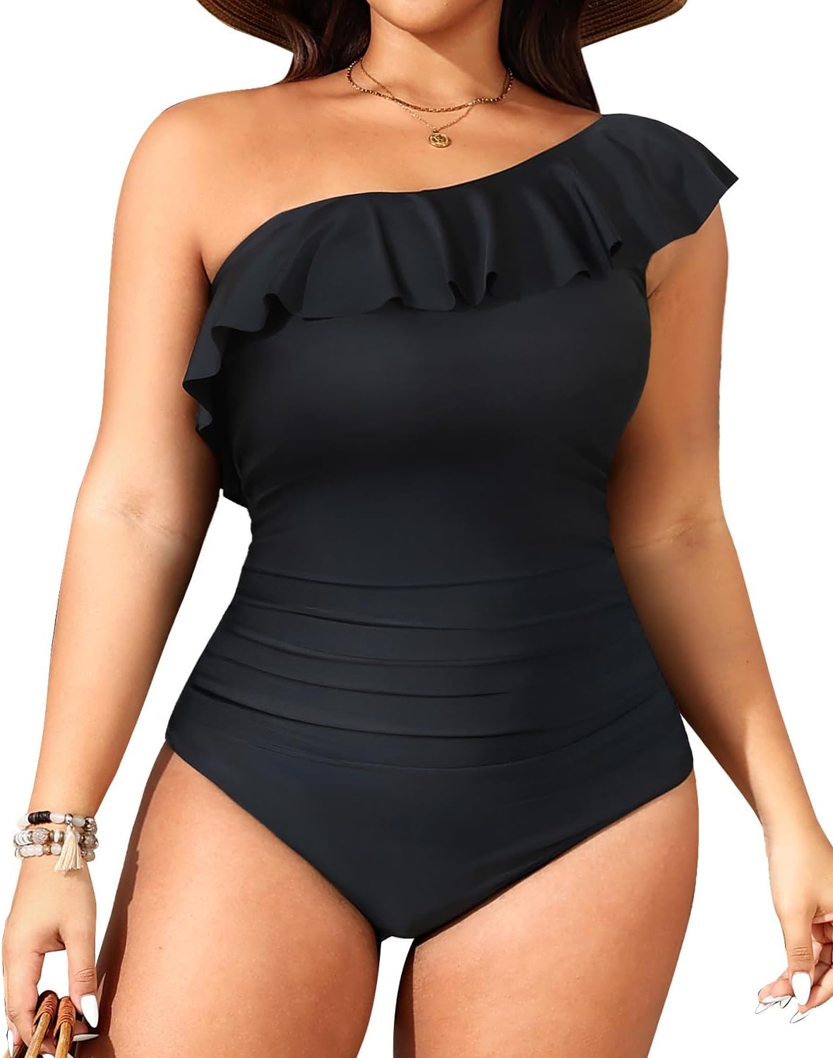 Aqua Eve Plus Size Bathing Suits for Women One Piece Swimsuits One Shoulder Ruffle Tummy Control Swimwear