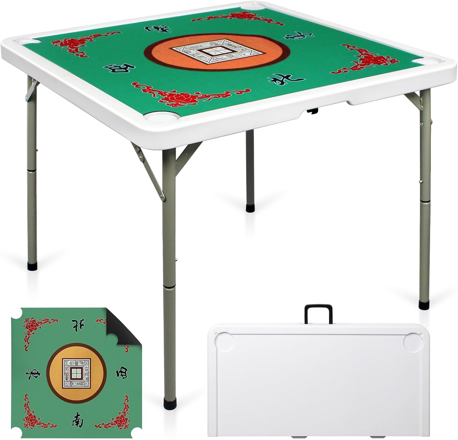 35 Inch Folding Mahjong Table - Portable Square Game Table w/ 4 Built-in Cup Holders, Removable Anti-Slip Mat & HDPE Top | for Mahjong, Dominoes, Card Games, Picnic? 35.43 inches x 35.43 inches x 29.13 inches