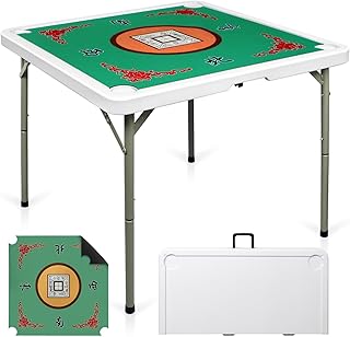 35 Inch Folding Mahjong Table - Portable Square Game Table w/ 4 Built-in Cup Holders, Removable Anti-Slip Mat & HDPE Top | for Mahjong, Dominoes, Card Games, Picnic​