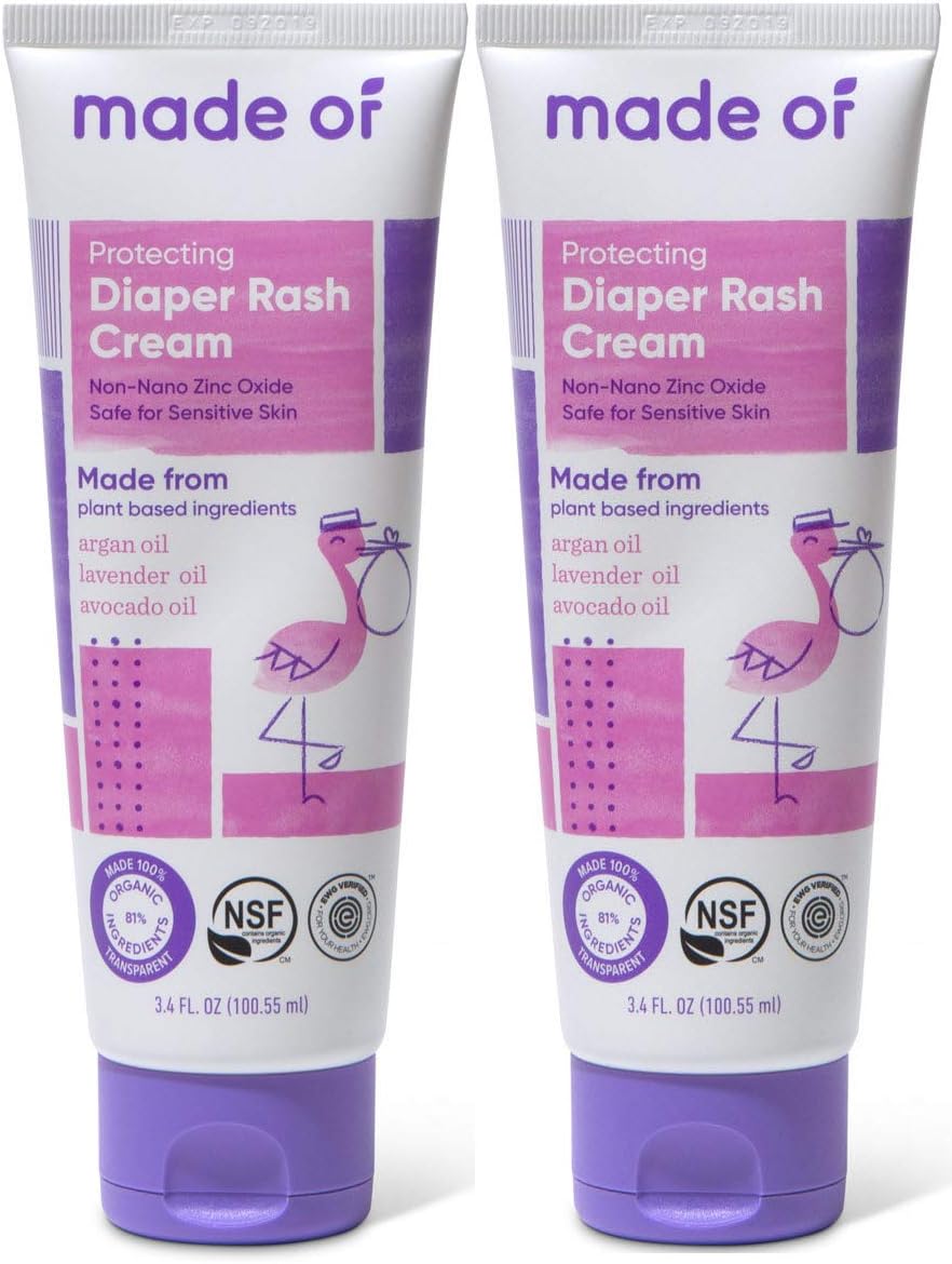 Organic Diaper Cream by MADE OF โ NSF Organic Baby Diaper Cream with Avocado Oil and Argan Oil (Fragrance Free, 3.4oz) โ Zinc Oxide Ointment and Butt Paste for Sensitive Skin (2-Pack)