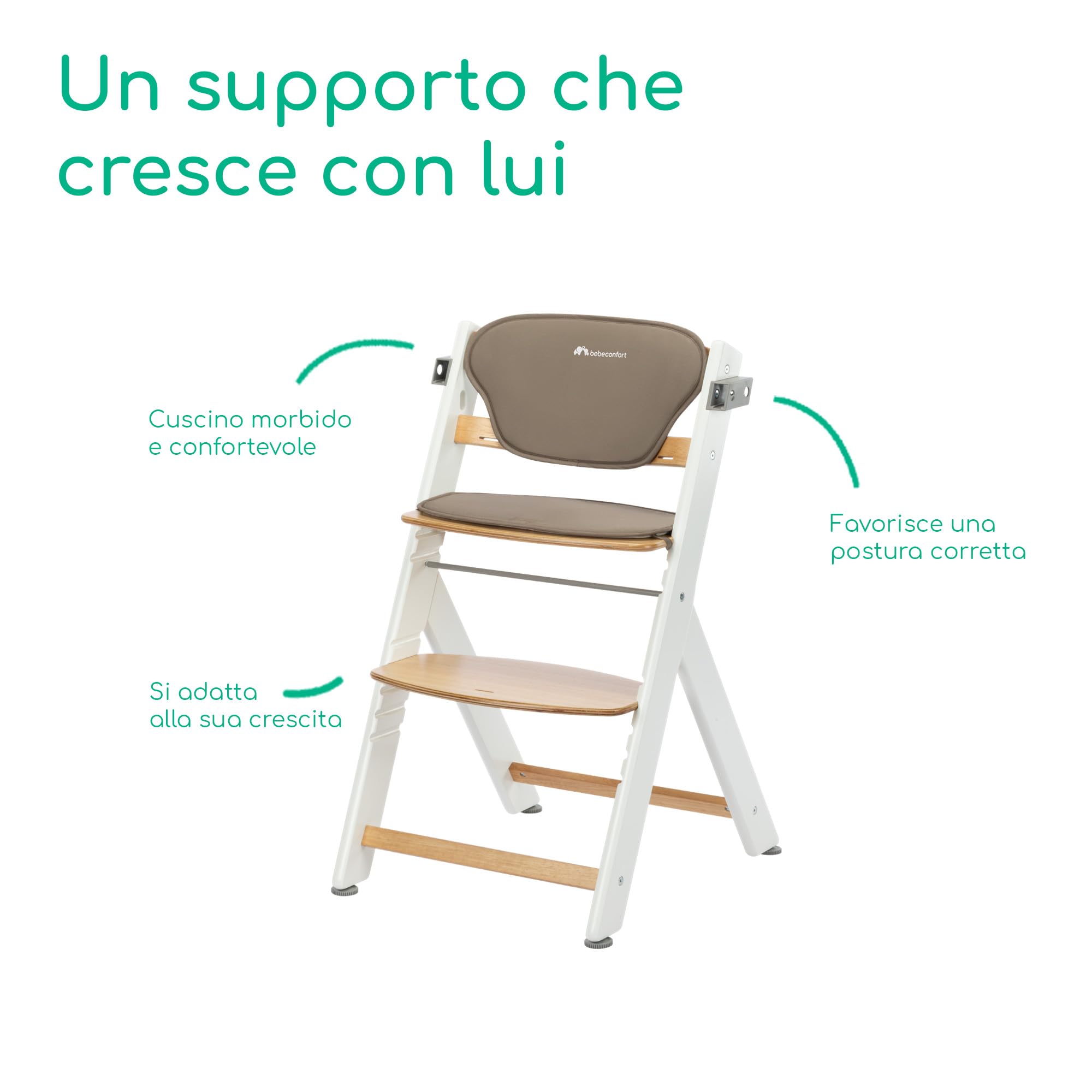 Bebeconfort Timba 2 con Cuscino, Seggiolone Pappa Evolutivo in Legno, 6+ Mesi, Fino a 110 kg, Sedia Evolutiva Ergonomica, Regolabile in Altezza, Vassoio Amovibile, Natural Wood + Cuscino