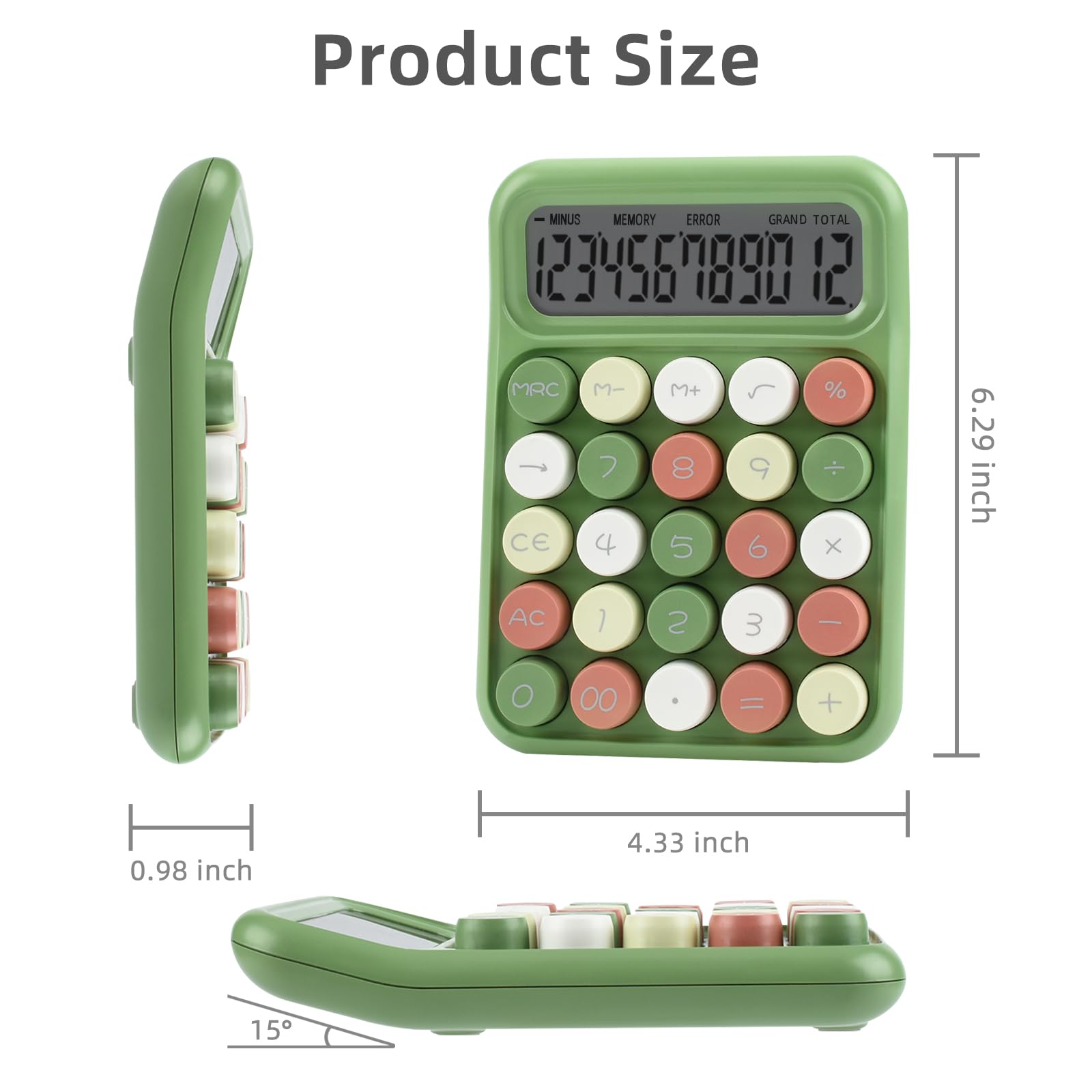 Valtiner Desktop Mechanical Calculator, 12-Digit Large LCD Display Basic Standard Calculators with Cute Big Buttons, Desk Accessories, for Office Home School (Green)