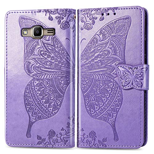 SATURCASE Coque pour Samsung Galaxy J2 Prime, Papillon Fleur PU Cuir Magnétique Flip Portefeuille Support Porte-Carte Dragonne Housse Étui pour Samsung Galaxy Grand...