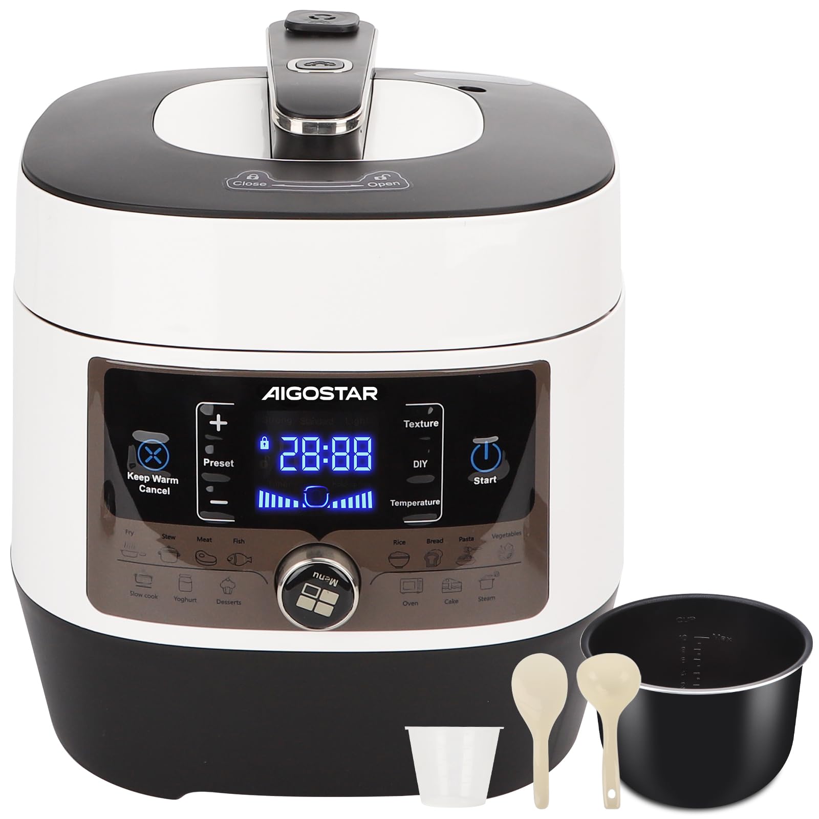 Aigostar Panda - Autocuiseur Électrique Multifonction 14-en-1, 5.5L, 1000W, Cuisson sous Pression, Cuisson Lente, Friture, Yaourt, Riz, Écran LED, Minuterie 24h, 9 Sécurités,Livré avec Accessoires