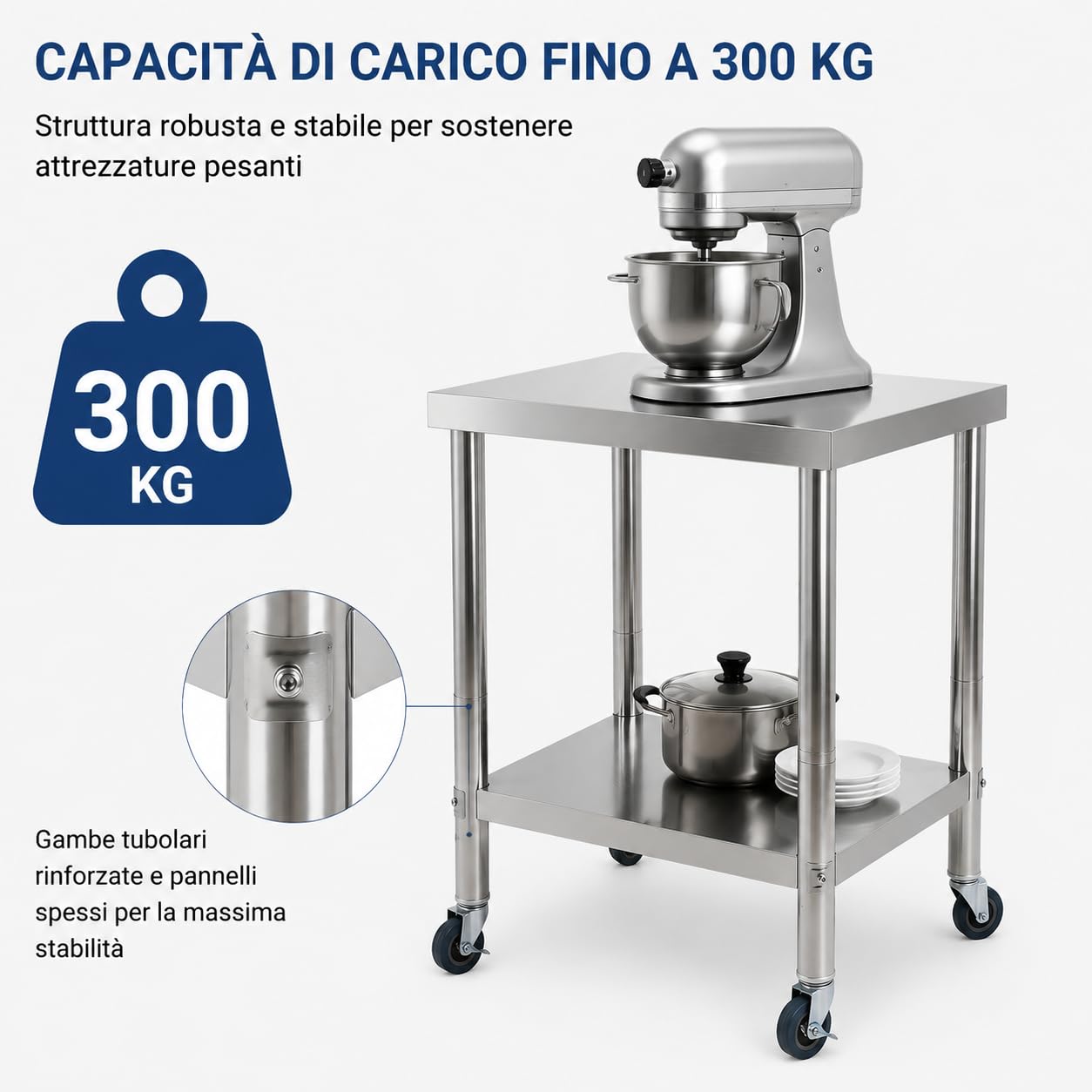 SHZICMY Mesa de trabajo de acero inoxidable con ruedas, 60 x 60 x 85 cm, para cocina, cocina, cocina, cocina, cocina, cocina, cocina, bar, carga de 300 kg