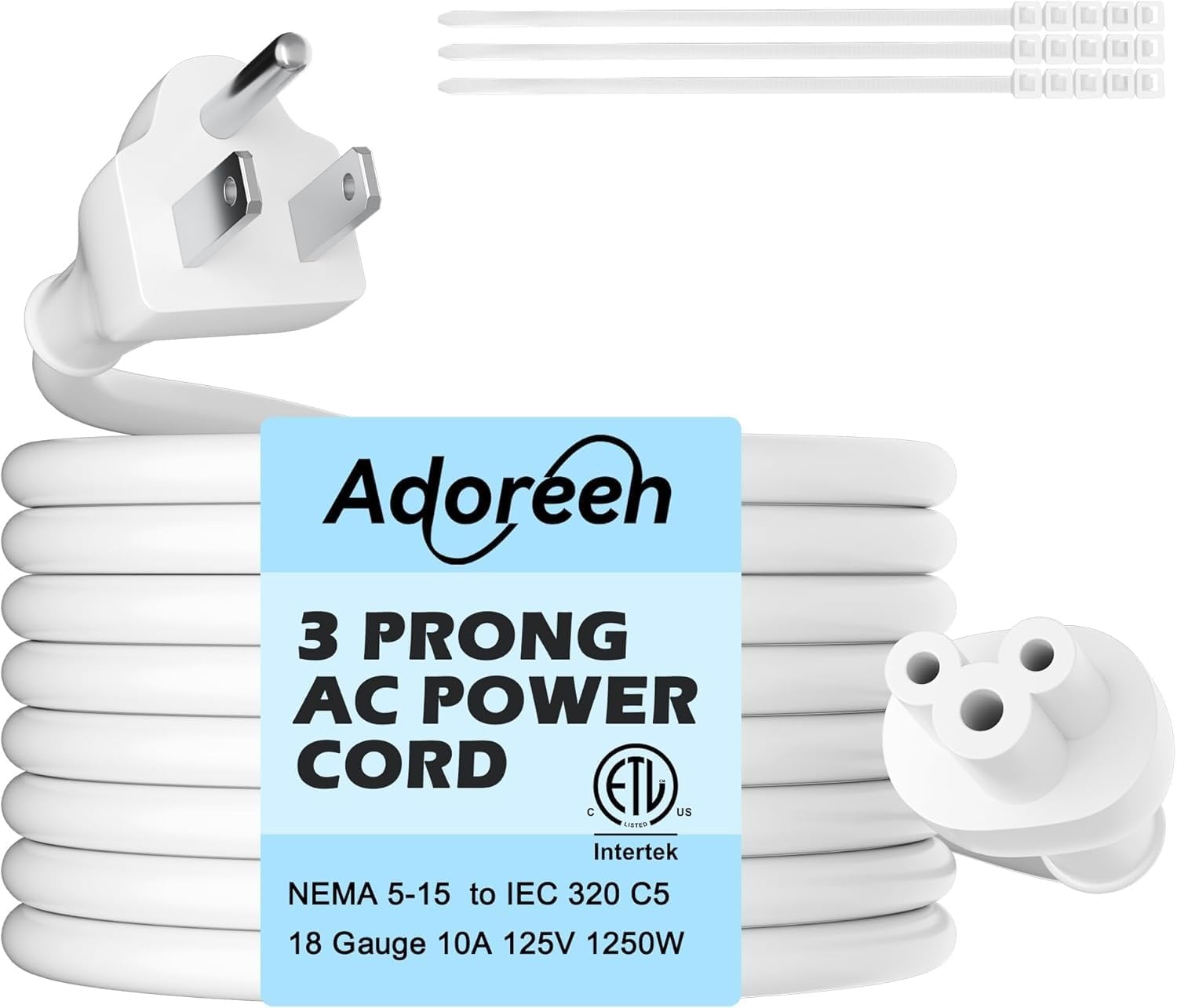 Adoreen 45 Degree Angled Flat Plug Mickey Mouse Replacement Laptop Power Cord 20 Ft, Seamless 5-15P to IEC 320 C5 3-Prong Universal AC Cable for PC Notebook Printer Dell HP TV, 18AWG, ETL+Ties-White