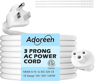 Adoreen Mickey Mouse Replacement Laptop Power Cord 10 Ft White, Seamless 5-15P to IEC 320 C5 3-Prong Universal AC Printer Cable for PC Notebook Charger Dell HP LG TV Monitor, 18AWG 125V, ETL +Ties