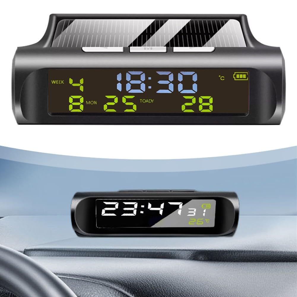 Termómetro digital para coche, reloj solar para coche, termómetro digital, pantalla automática, soporte para tablero de instrumentos para oficina, uso doméstico, color negro