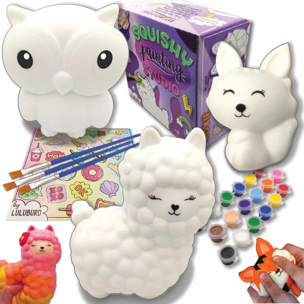 luluburd Paint Your Own Squishies Kit for Kids – DIY Craft Set w/ 3 Slow Rise Squishies (Owl, Llama, Fox), 4 Paints, 3 Brushes, Sticker Sheet – Sensory Toy Gift for Girls & Boys Age 6+