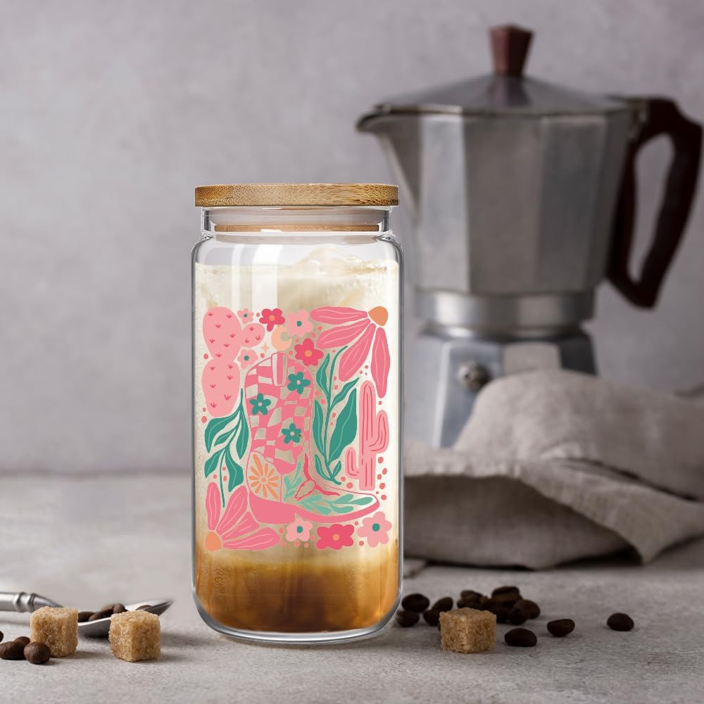Western Cowgirl 16oz Glass Cup with Lid and Straw Gifts for Women, Pink Cowgirl Boots Cactus Flower Cup Birthday Gift for Sister, Friends, Western Theme Travel Coffee Drinking Cups