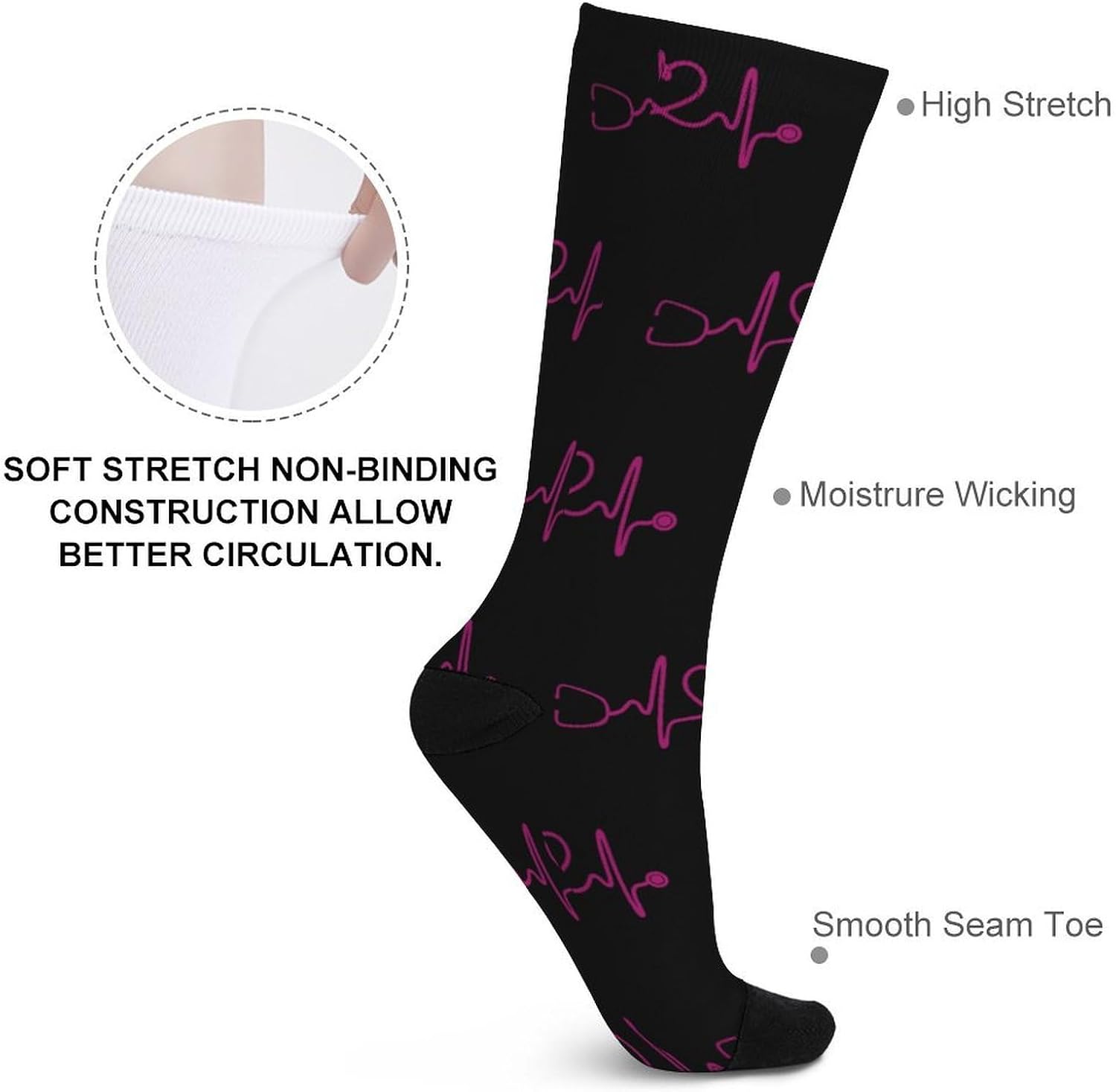 Heartbeat Nurse Knee High Socks Athletic Long Stockings Sport Casual Crew Tube Sock Boot 40cm