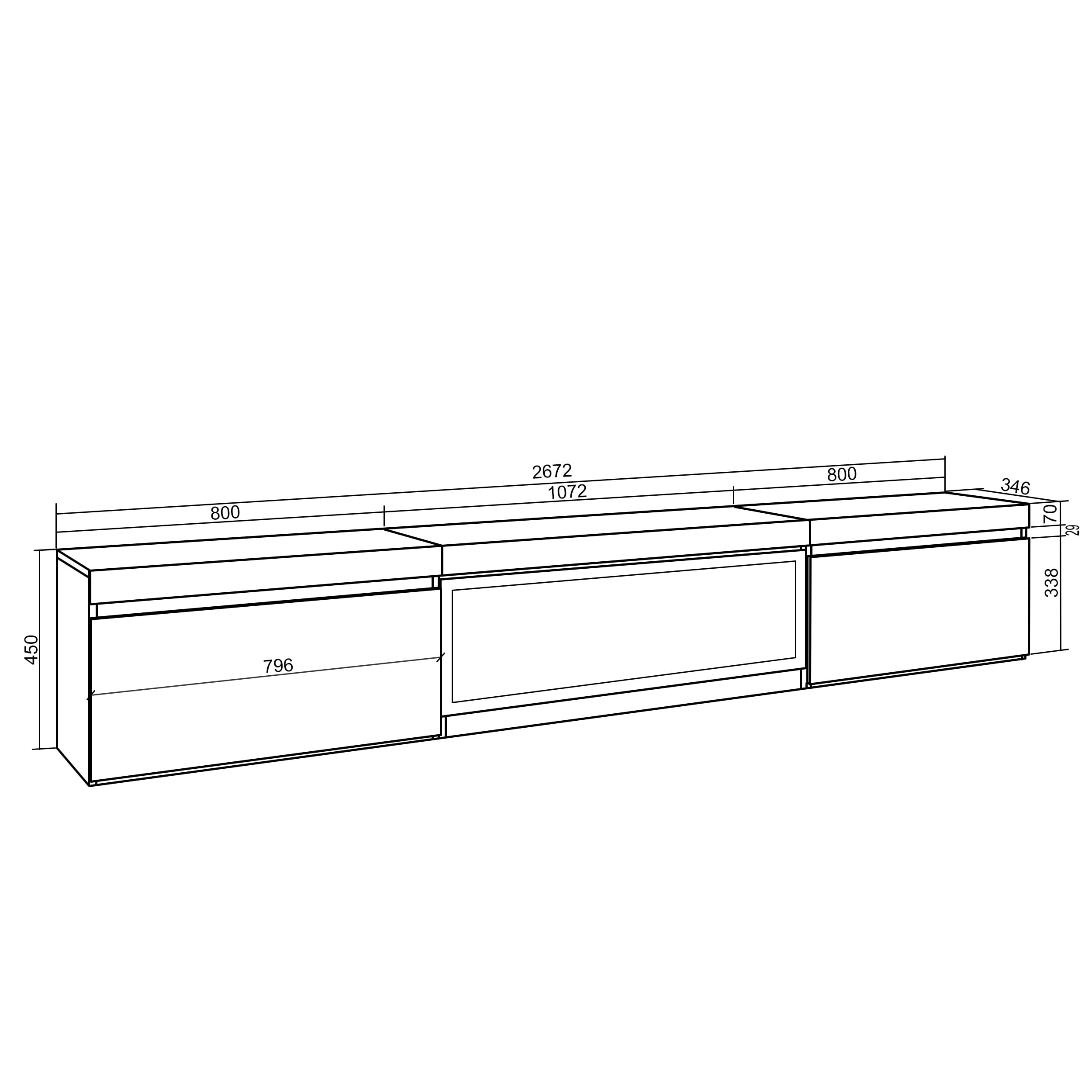 Skraut Home | Mueble TV | Televisión | Muebles de salón, almacenaje | 267x45x35 cm | para TV Gran Formato | Chimenea eléctrica XXL | Colgado, Suspendido | Estilo Moderno | Negro