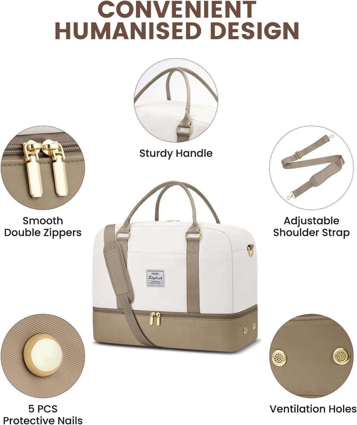 Weekender Travel Duffle Bag for Women: Overnight Bags with Shoe Compartment Carry on Bags for Airplanes with Toiletry Bag Yoga Gym Bag with Wet Pocket Travel Duffel Tote Bag Hospital Bag Khaki Beige - Image 4