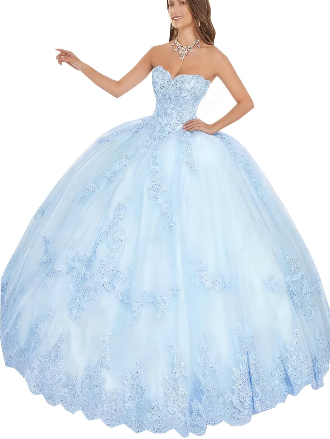 YMFFW Ball Gown Quinceanera Dresses with Long Sleeves Tulle Lace Appliqued Prom Dress Sweetheart Formal Party Gowns for Women