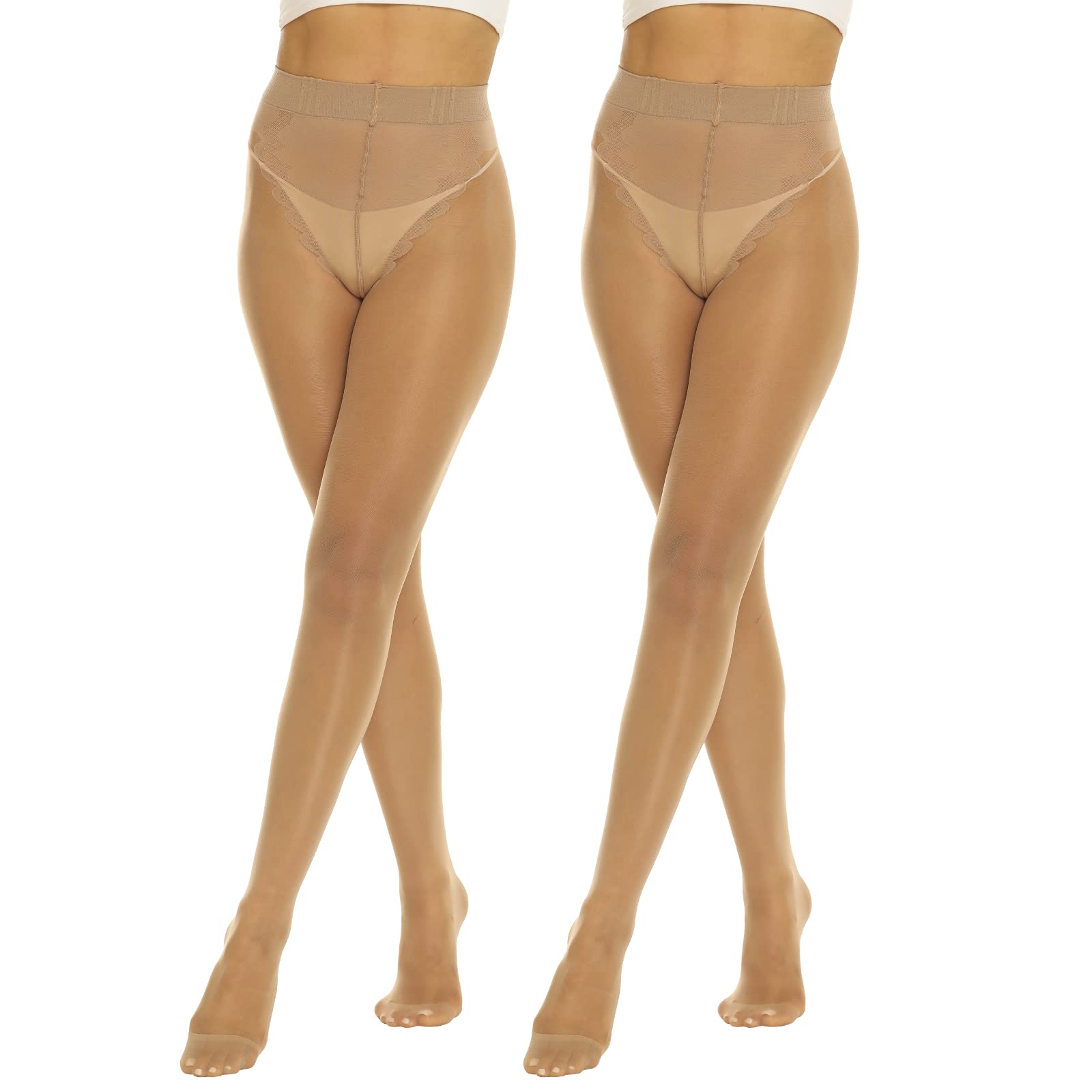 MANZI Back Seam Tights for Women Sheer Pantyhose 20D 2 Pairs Natural Nude L
