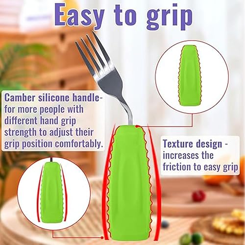 Miniatura 6 de Utensilios adaptativos, cubiertos en ángulo pesado, ayudas de Parkinson, juego de cuchara y tenedor curvados antideslizantes de fácil agarre para