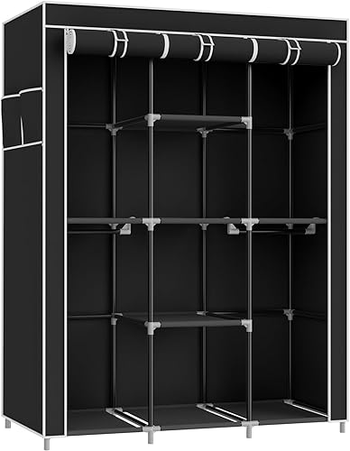 Miniatura 7 de Armario portátil para colgar ropa, organizador de armario de almacenamiento para dormitorio, 4 estantes de almacenamiento, 4 varillas para colgar,