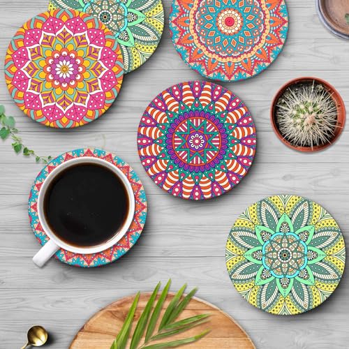 Bribay Coaster for Drinks Set of 6, Moroccan Bohemian Mandala Colorful Pink Green Absorbent Round Ceramic Stone Mat, with Cork Base and Metal Holder, Gift for Housewarming Room Bar Decor by Bribay - Image 5