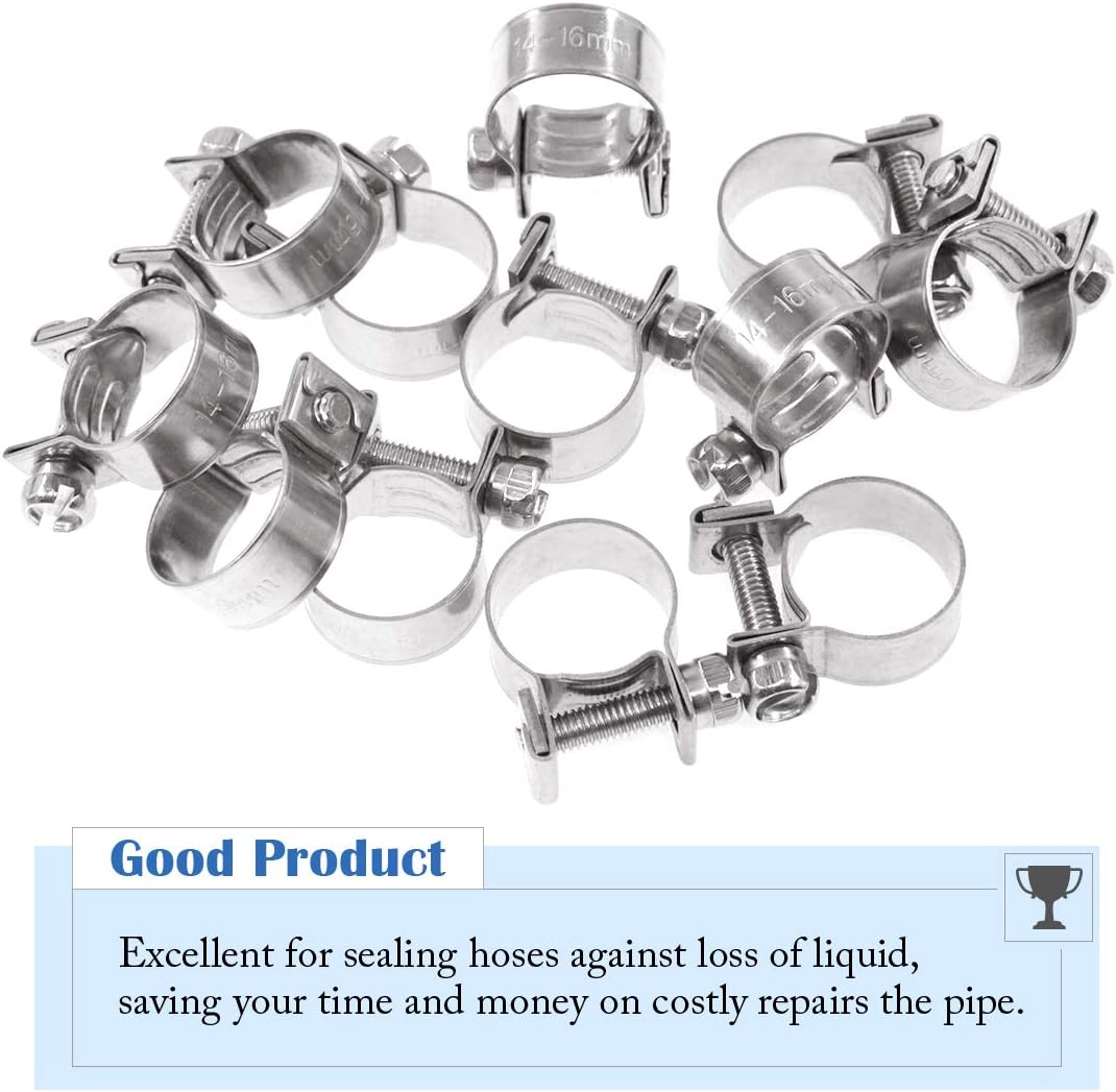 Glarks 12Pack 14-16mm Stainless Steel Mini Fuel Injection Hose Clamps Adjustable Pipe Hose Clip Tube Clamps Set (9/16''-5/8'' Dia)
