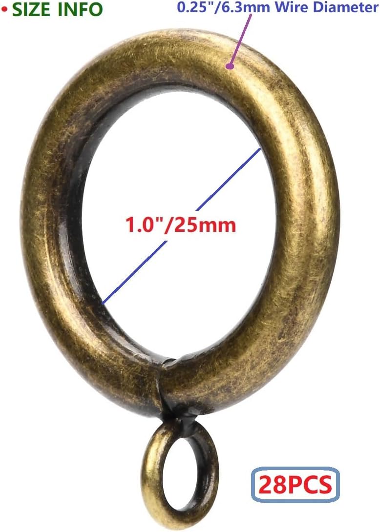 Curtain Ring Metal 28 Pcs 1.0 Inch Inner Diameter with Eyelets Fit Up to 0.8 Inch Rod Large Wire Diameter (Antique Brass-28pcs)