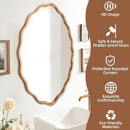 Miniatura 5 de Espejo de baño ondulado ovalado dorado cepillado de 24 x 36 pulgadas, montado en la pared, grande, moderno, campo, adecuado para baño, dormitorio,