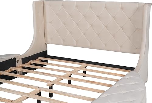 Miniatura 6 de VilroCaz Cama tapizada tamaño Queen con cabecera con respaldo alado base de colchón de plataforma de terciopelo con 1 cajón grande y 2 taburetes de
