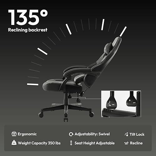 Miniatura 7 de Dowinx Silla de juegos con cojín de resorte de bolsillo, silla ergonómica de computadora con respaldo alto, silla de juego reclinable de piel