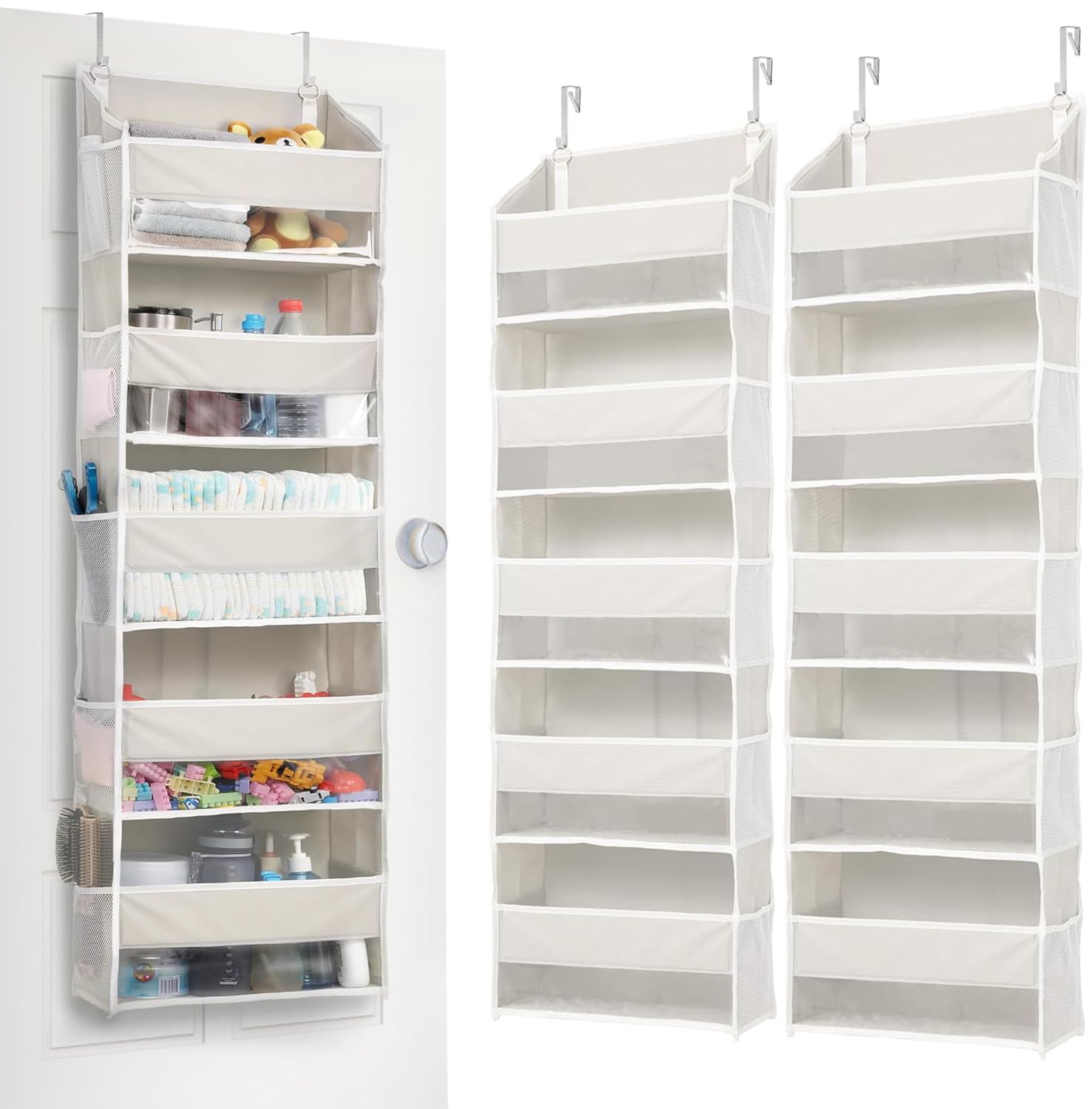 ULG Tür-Organizer, 5 große Taschen, 10 Mesh-Taschen, 20 kg Tragkraft, Hängender Organizer für Schlafzimmer, Bad, Küche, Beige, 2 Stück