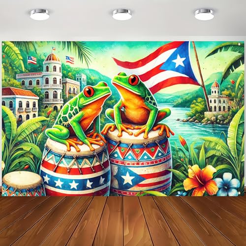 Image of BlissYard Puerto Rico Banner 71 x 43 Inches Tropical Frog Drum Flag Backdrop Puerto Rican Festival Party Decoration Caribbean Culture Wall Hanging for Fiesta Parade Home Outdoor Decor