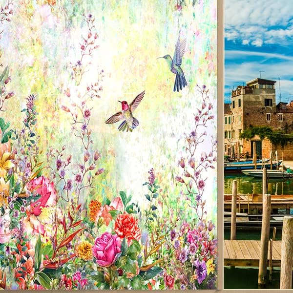 Hummingbird Floral Country Decorative Window Film Farmhouse Fantasy Garden Watercolor Natural Plantdining Room Window Film,Dorm Room Glass Film 35.4Wx78.7L-Inch X1Pcs