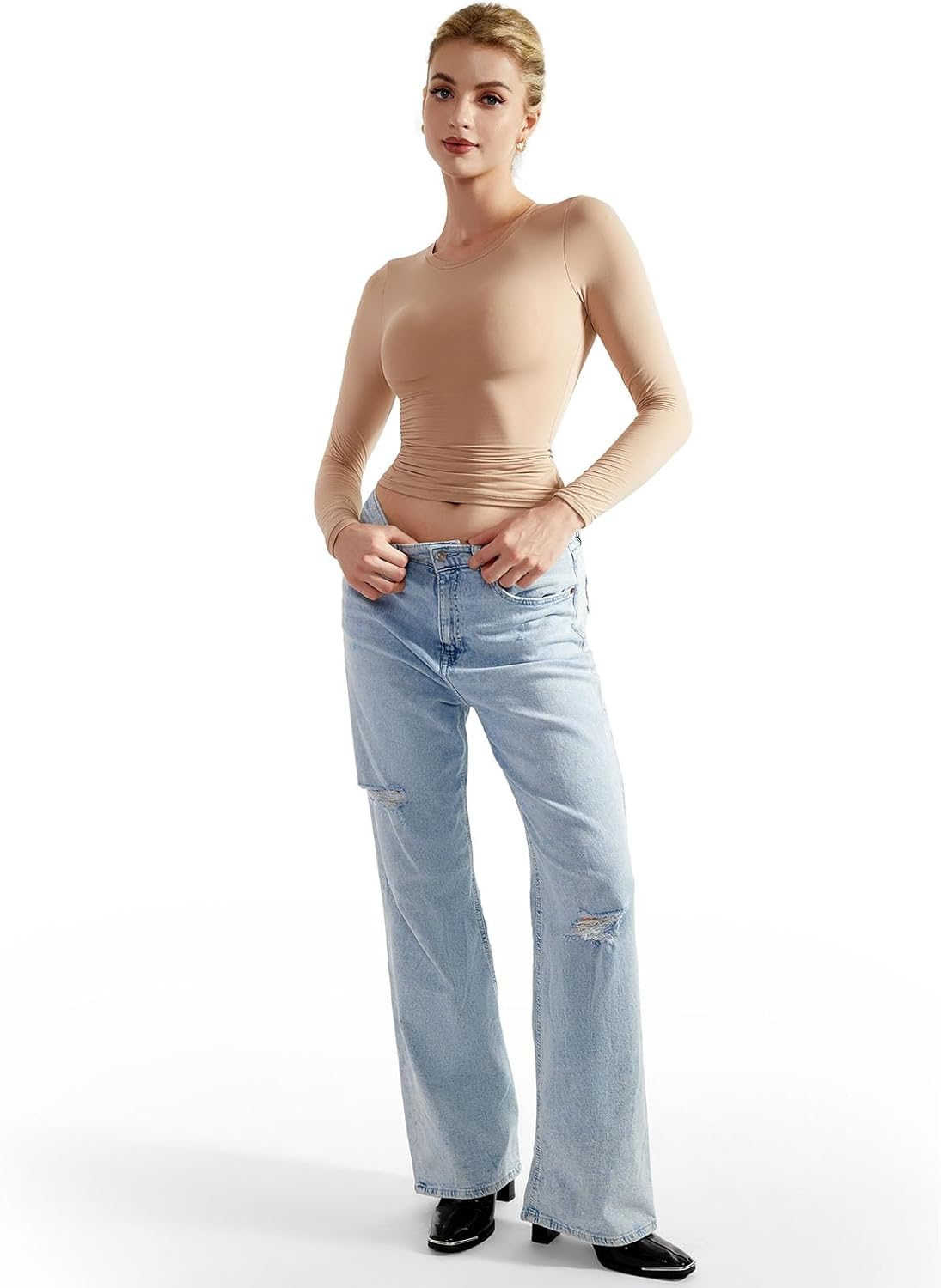 SUUKSESS Women Double Lined Fitted Basic T Shirts Crew Neck Long Sleeve Crop Top - Image 5