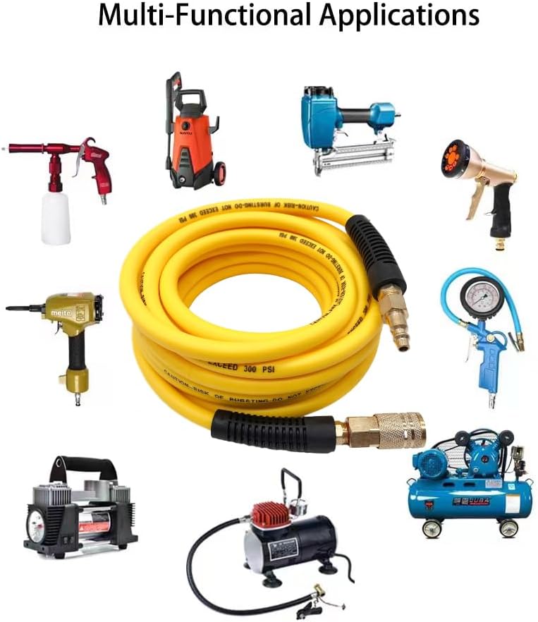 Hybrid Air Hose 1/4-Inch x 25FT,Air Compressor Hose 300 PSI Heavy Duty,Lightweight,Kink Resistant,All-Weather Flexibility with 1/4-Inch Industrial Air Fittings and Bend Restrictors,Yellow