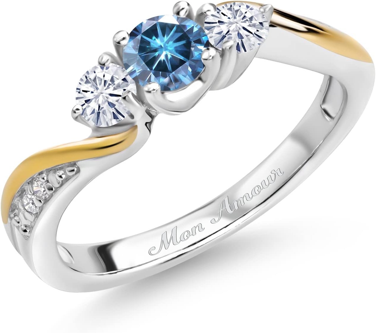 Gem Stone King Customized and Personalized 3-Stone Engagement Ring For Women | 925 Silver and 10K Yellow Gold | Gemstone Birthstone and White Lab Grown Diamond | Available In Size 5-9