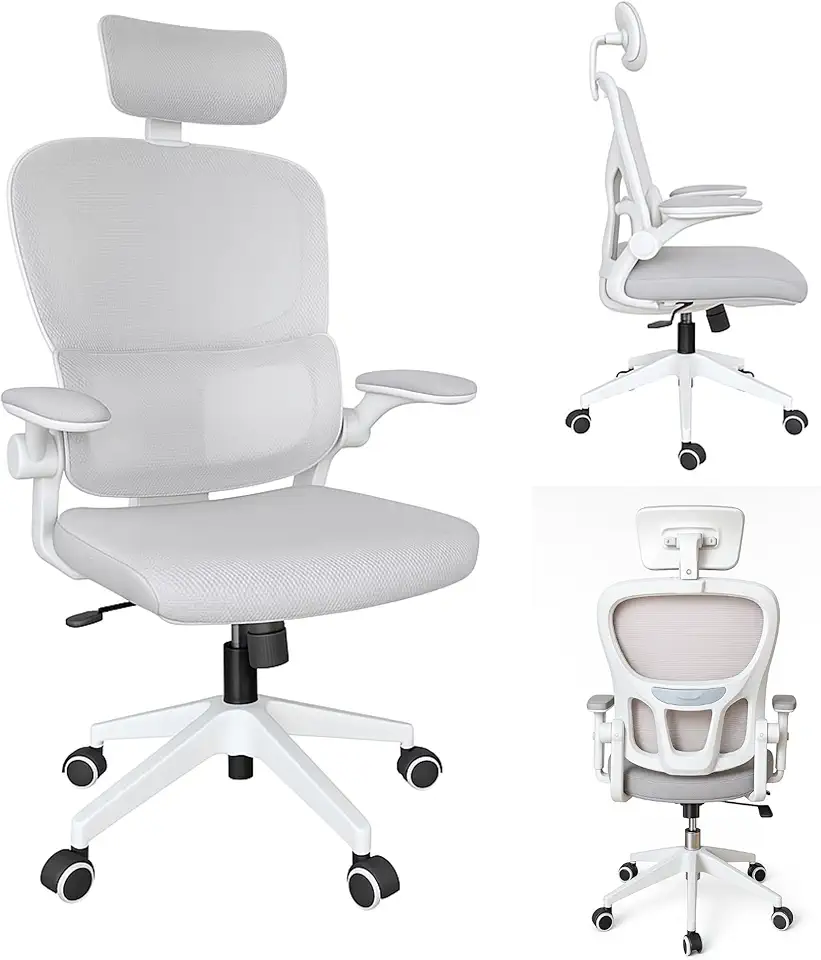 Cadeira de Escritório Ergonômica Branca Giratória, Malha Respirável, Suporte Lombar Regulavél, Estofado Mesh, Mecanismo de Elevação a Gás. Inclinação. Rodinhas silenciosas. | HYATTO OFFICE |