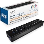 Vantec 10-Port USB 3.0 Hub, Aluminum, Full Powered, Mountable, with All Ports Data & Charging Up to 1.5A, BC 1.2, Premium 12V/5A, 60W Power Adapter (UGT-AH110U3-BK),Black