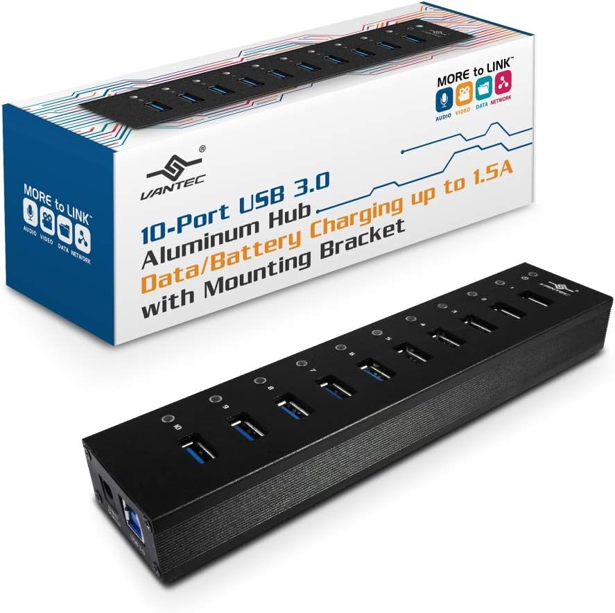 10-Port USB 3.0 Hub, Aluminum, Full Powered, Mountable, with All Ports Data & Charging Up to 1.5A, BC 1.2, Premium 12V/5A, 60W Power Adapter (UGT-AH110U3-BK)
