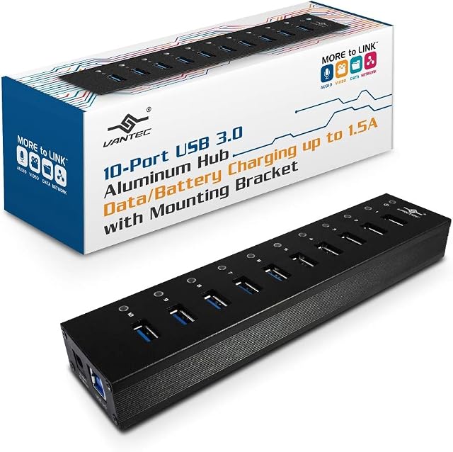 Vantec 10-Port USB 3.0 Hub, Aluminum, Full Powered, Mountable, with All Ports Data & Charging Up to 1.5A, BC 1.2, Premium 12V/5A, 60W Power Adapter (UGT-AH110U3-BK),Black