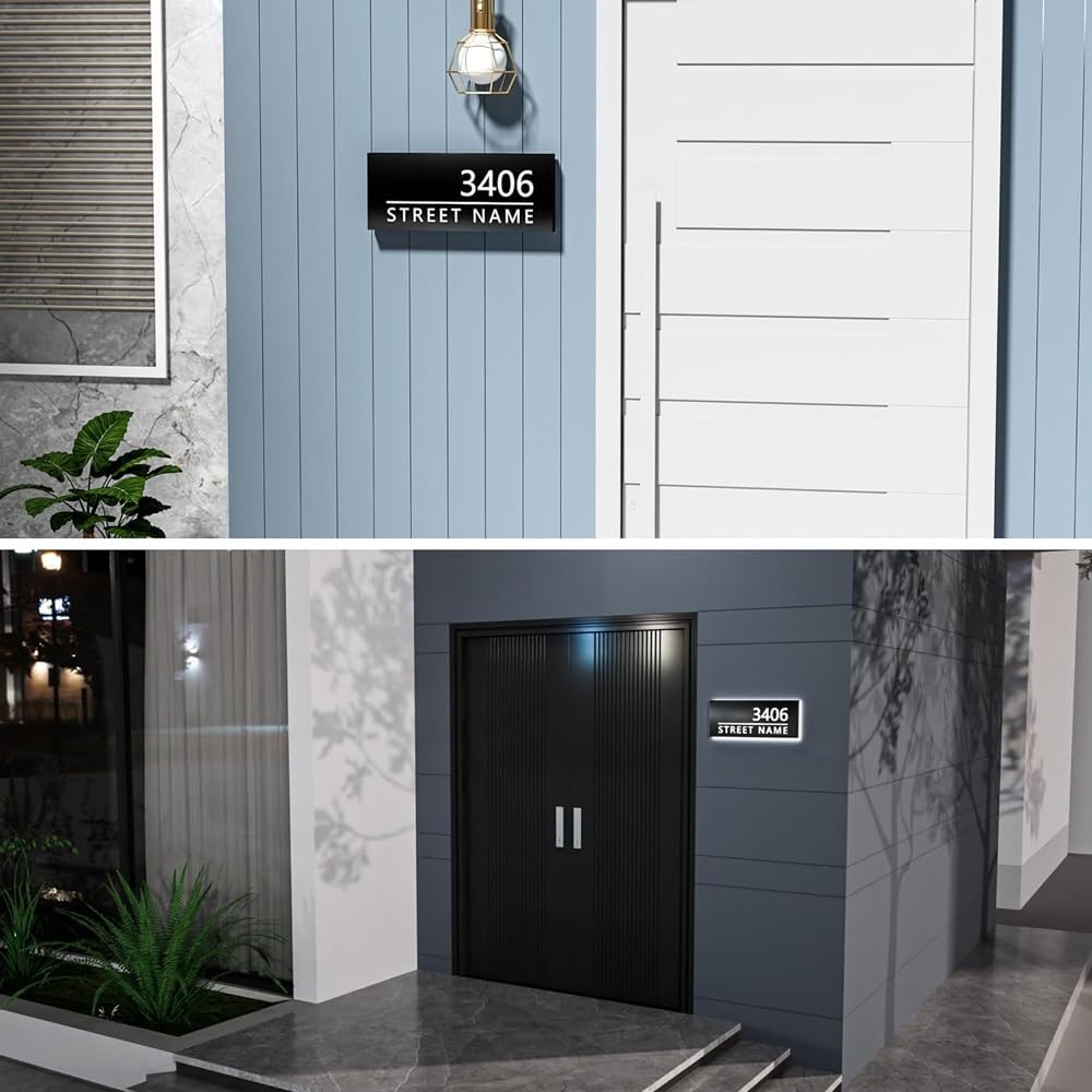Placas De Dirección Modernas Y Personalizadas Con Luz LED, Número De Casa Iluminado En Acrílico 3D Personalizado For Exteriores Y Patios.(20x40 cm)