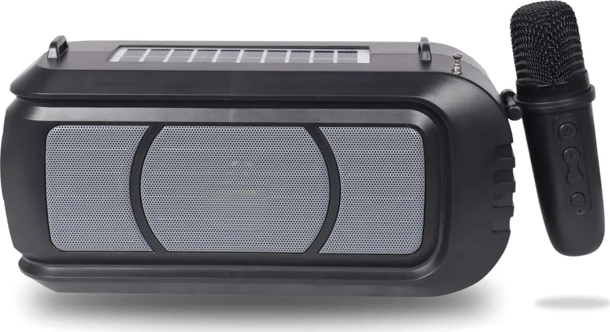 PremiumAV Wireless Bluetooth Speaker 5W – Solar Powered Portable Speaker with Mic, LED Torch, USB Playback, High Bass Sound, Wireless Microphone & Adjustable Strap for Outdoor Use (1 Set)