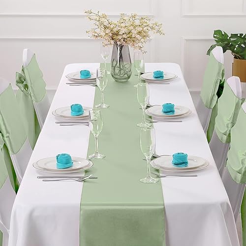 Miniatura 2 de Horbaunal Paquete de 2 caminos de mesa de satén verde salvia de 12 x 108 pulgadas, caminos de mesa suaves para banquetes de boda, fiesta de