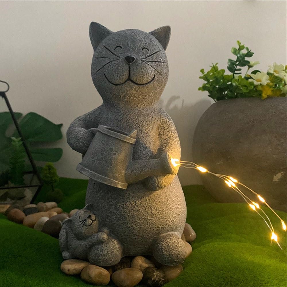 Posąg Ogrodowy Cat Figurine with LED Lights, Solar Garden Statues, Outside Decor for Yard Patio Lawn Ornament, Gardening Gifts for Women, Mom Figurki Ozdoby do trawników ogrodowych
