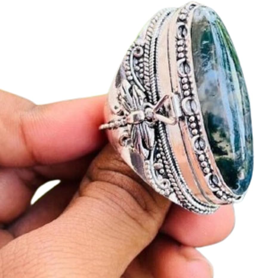 Vintage Moss Agate Poison Ring | 925 Sterling Silver Secret Compartment Locket | Boho Hippie Designer Large Box for Secret Messages or Pills