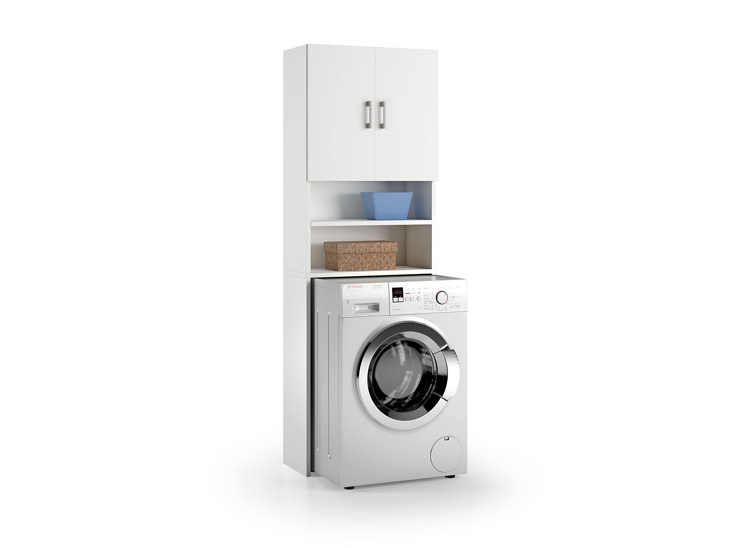 Terraneo mobile multiuso sopra lavatrice con 2 ante e 2 mensole, colore bianco con ante bianche – Struttura salvaspazio 65x32x195 cm per bagno o lavanderia