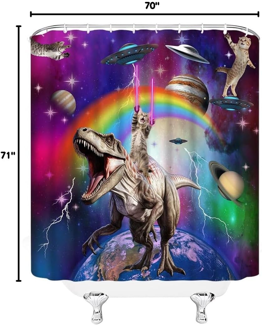 2pcs Cat Riding Dinosaur Shower Curtain Set with Rug Funny Animal Outer Space Galaxy Fantasy Universe Home Decor Fabric Bathroom Set with Hooks