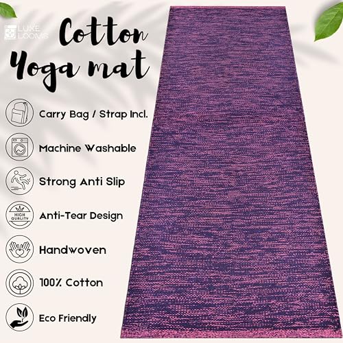 Image of Pure Cotton Yoga Mat for Women and Men, Size- 60x180 cm (2x6 feet), Handloom Woven with 6 mm Thick, Strong Anti-Slip Backing, Eco-Friendly (Purple)