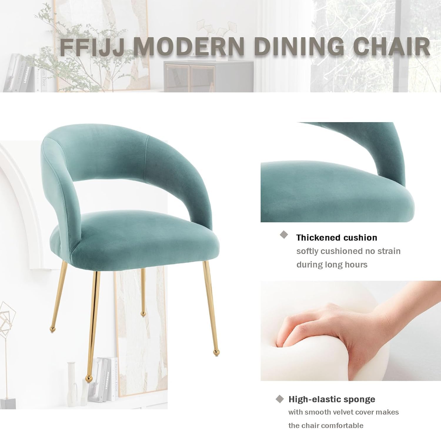 Modern Dining Chairs Set of 2,Velvet Upholstered Living Room Chairs with Gold Legs and Hollow Back,Accent Tufted Armrest for Living Room Recepition Bedroom(Green)