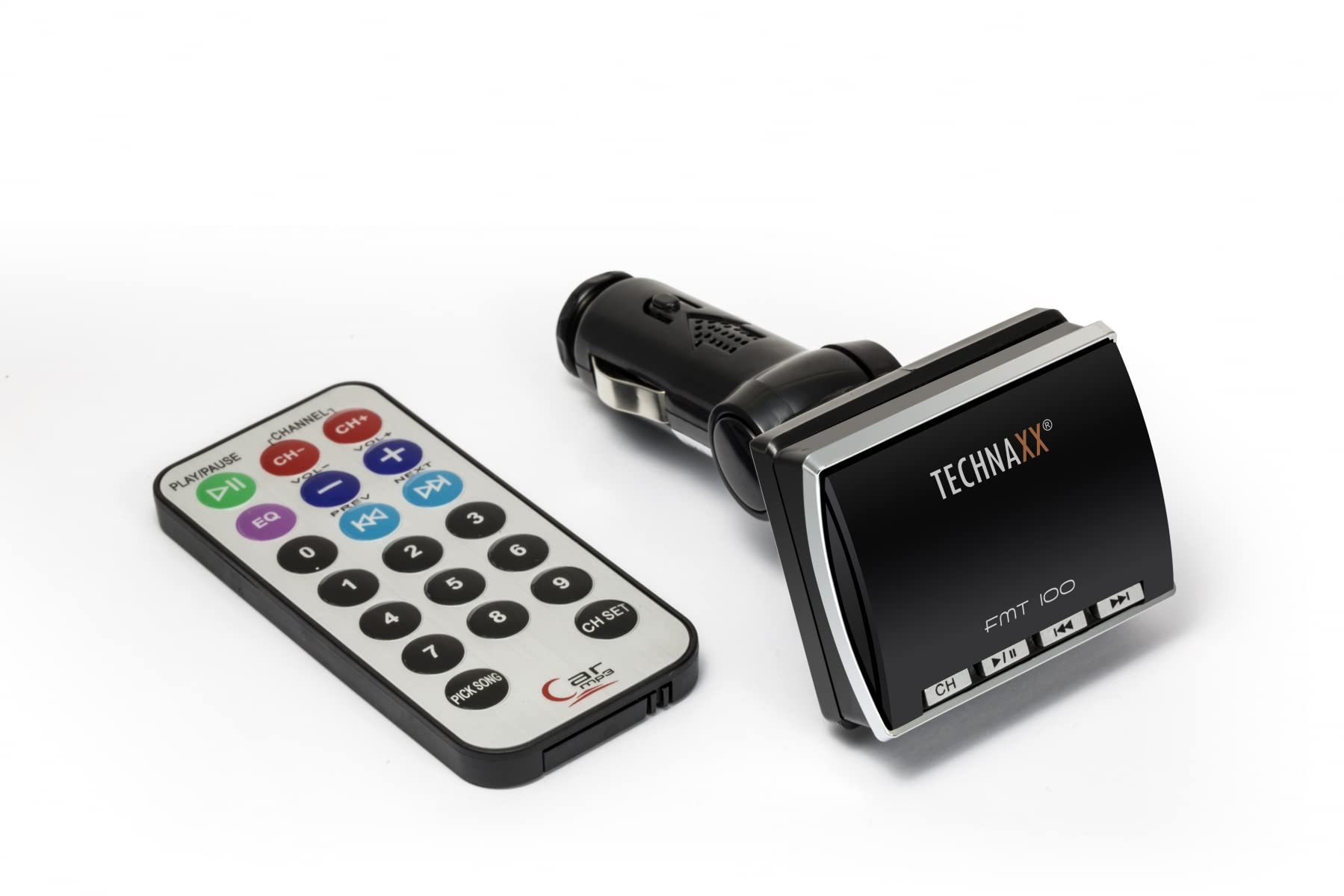 Technaxx FM-Transmitter Auto-Radioadapter mit SD-Kartenslot und USB-Port FMT100 – LC-Frequenzanzeige, MP3, Übertragungsreichweite ca. 3 m, Fernbedienung