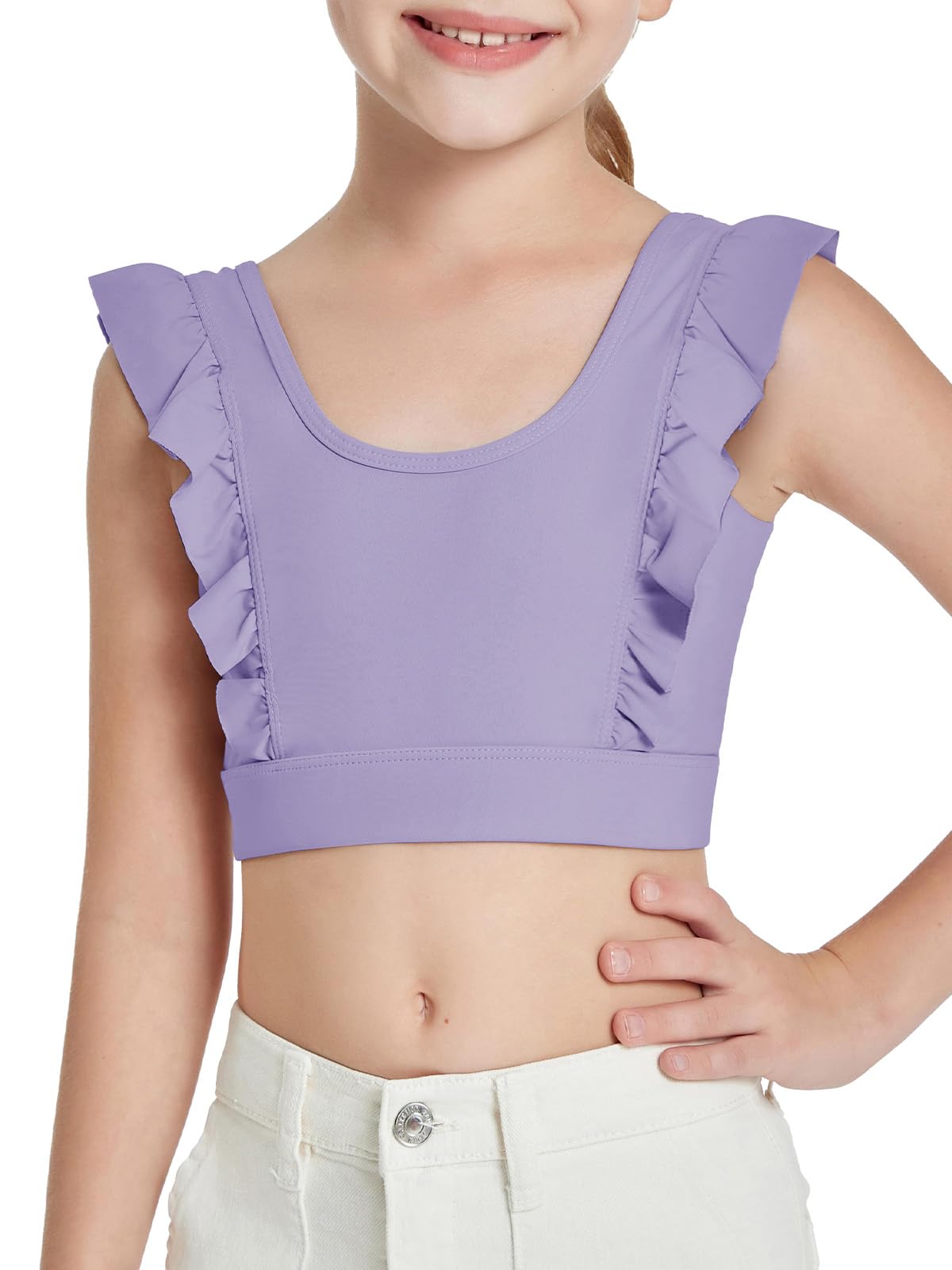 Haloumoning Mädchen Crop Top Sport BHS Rüschen Unterwäsche Fliegende Ärmelloses Ruffle Bauchfrei Yoga Ballett Tshirt für Kinder Tank Tops